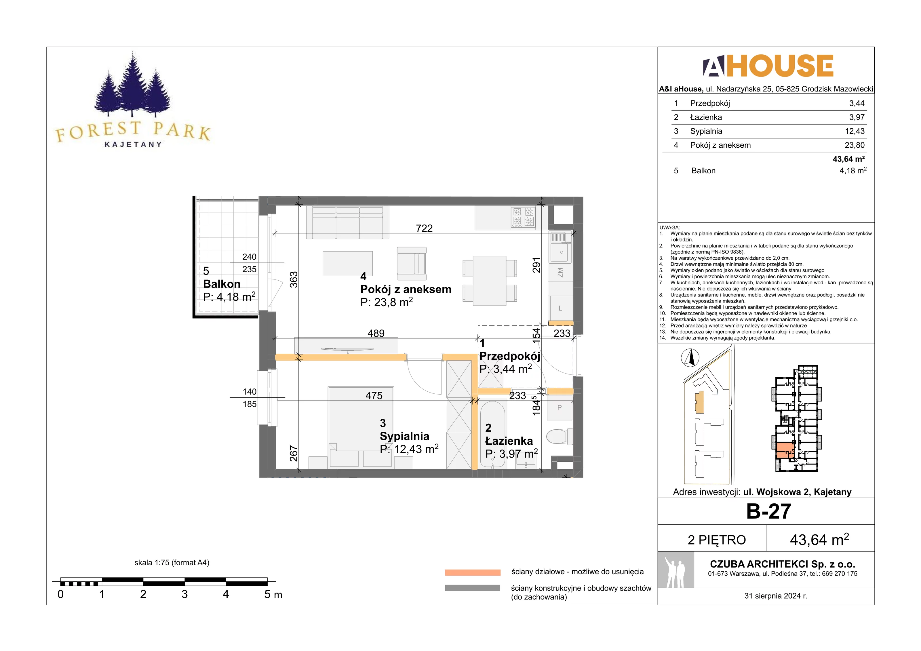 2 pokoje, mieszkanie 43,64 m², piętro 2, oferta nr B-27, Forest Park Kajetany, Kajetany, ul. Wojskowa 2